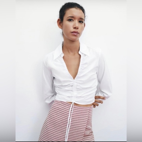 New ZARA WHITE GATHERED POPLIN SHIRT, Medium - Picture 1 of 10